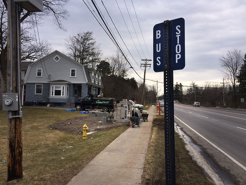 A new LEGO bus shelter is being constructed at the corner of Monroe Avenue and French Road in Pittsford. [IMAGE: Reconnect Rochester]