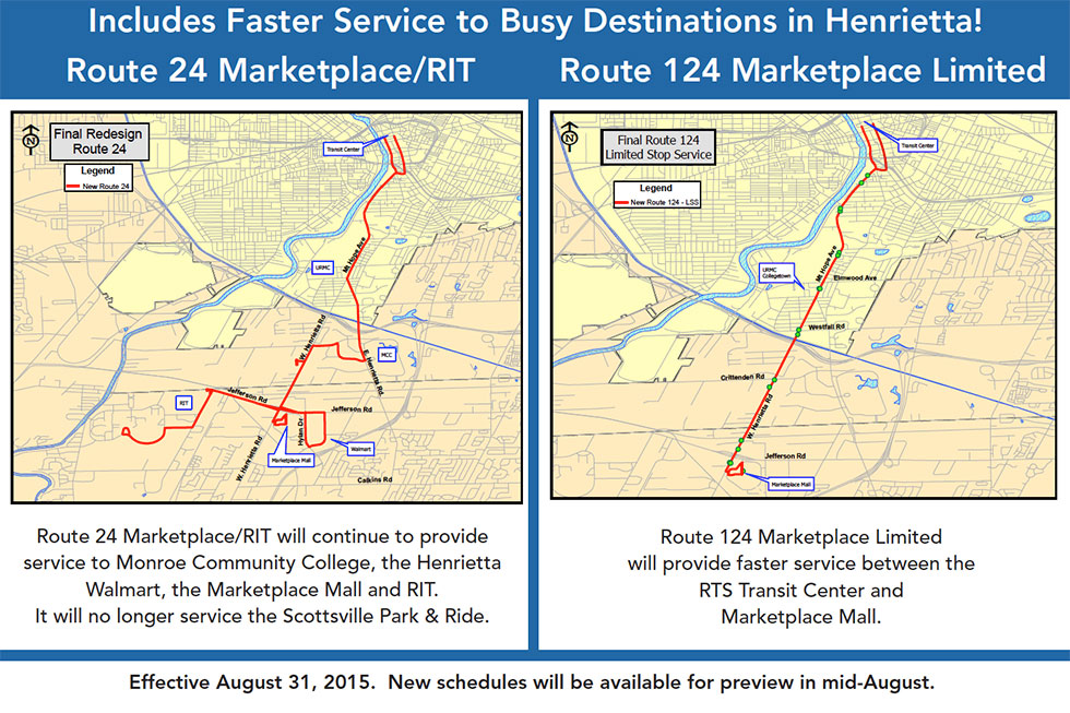 RTS has announced changes and additions to routes serving Henrietta. Changes will take effect on August 31, 2015.